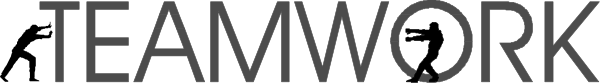 The image shows a gray background with white text that reads "TEAMWORK" at the top of an oval shape containing two overlapping hands in silhouette forming what appears to be a heart symbol below it, suggesting unity and collaboration as themes related to teamwork.