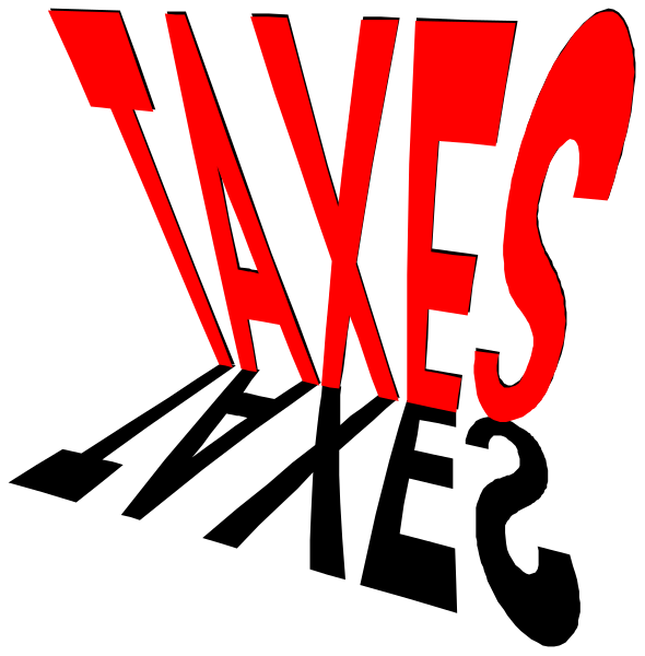 The image shows a black background with white text that reads "TAXES" prominently displayed at the top of an otherwise blank space in bold red letters against a darker shade of gray.