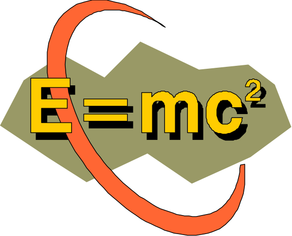 The image shows a logo with text that reads "E=mc^2" which is associated with Albert Einstein's famous equation of mass-energy equivalence in physics; it also features an atom symbol above the equal sign, suggesting nuclear energy and atomic structure as part of this concept.