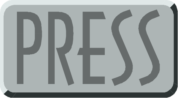 The image shows a gray button with white text that reads "PRESS."