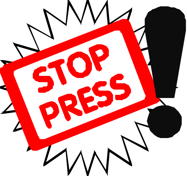 The image shows a red stop sign with an exclamation mark on it next to text that reads "STOP PRESS."
