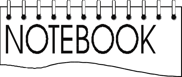 The image shows a black spiral notebook with white pages that has "NOTEBOOK" written on it prominently in large letters at top center of cover page; below this title is smaller text reading "notebook book."