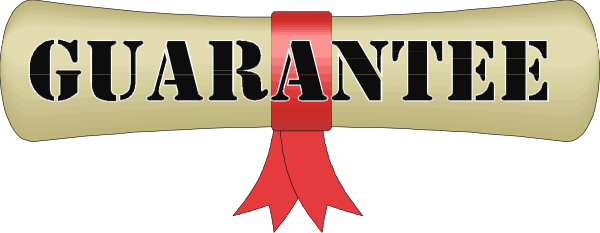 The image shows a graphic with text that reads "GUARANTEE" atop two crossed scrolls tied together by what appears to be red ribbon; below this is another line of smaller print reading "QUALITY."
