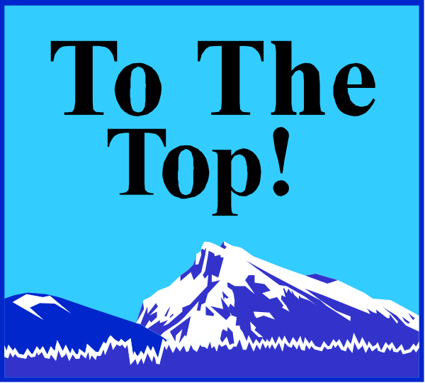 The image shows a blue sign with white text that reads "To the top!" atop an illustration of Mount Everest against a clear sky background.