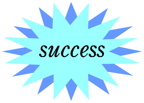 The image shows a blue explosion graphic with white text that reads "success" inside it.