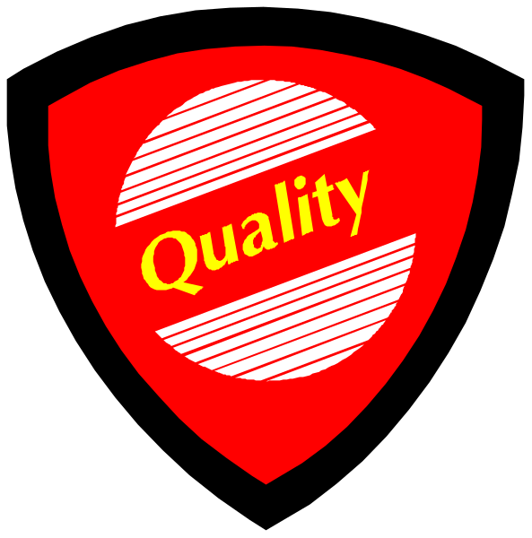 The image shows a red shield with white text that reads "QUALITY" on it against a black background.