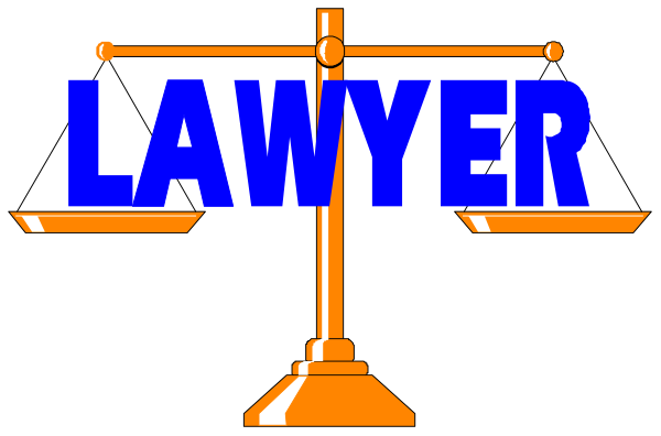 The image shows a logo with text that reads "LAWYER" on top of an illustration depicting two scales balanced atop each other against a blue background; there is no additional context provided about objects, people, animals, actions, and setting in this clip-art style representation.