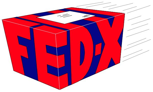 The image shows a FedEx shipping box with its lid open to reveal an item inside that is labeled "Fedex."