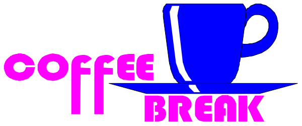 The image shows a coffee cup with text that reads "coffee break" on it against a dark background.