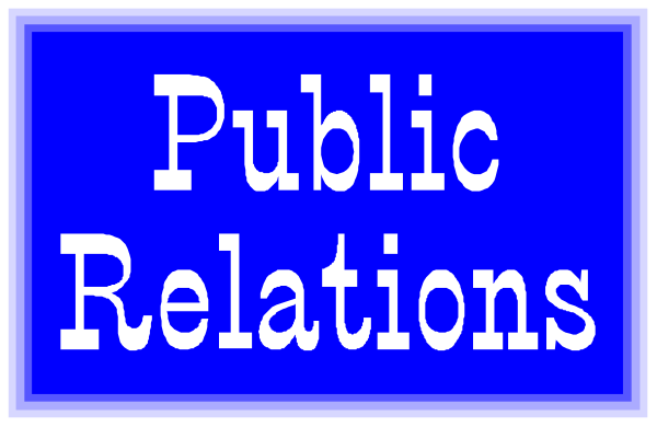 The image shows a blue banner with white text that reads "Public Relations" at its top edge and has two smaller rectangles beneath it; one rectangle contains more text in black font reading "PUBLIC RELATIONS," while the other is empty, suggesting an interactive element like clicking or tapping.