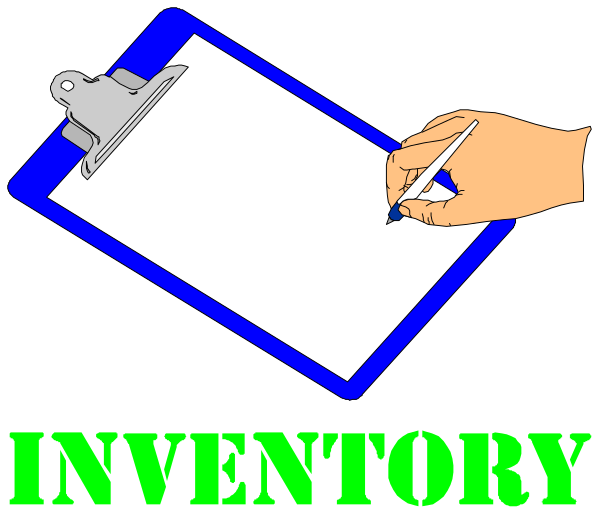 The image shows a hand holding an ink pen over a white piece of paper with black text that reads "INVENTORY" on top right corner in bold letters against blue background; below it is clipboard icon and to its left, there's a magnifying glass symbolizing inspection or examination.