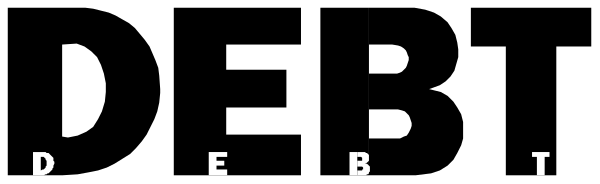 The image shows a gray background with text that reads "DEBT" at both ends of what appears to be an arrow pointing from left to right across it.