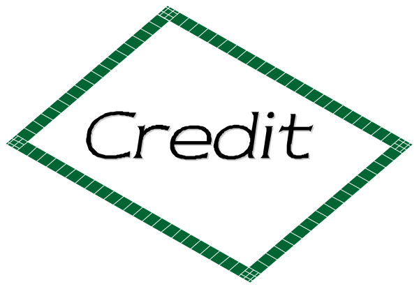 The image shows a logo with text that reads "Credit" inside an abstract design resembling stylized lettering in green on top of black backgrounds within two rectangles forming a diamond shape against a darker backdrop, suggesting financial services brand identity or company nameplate.