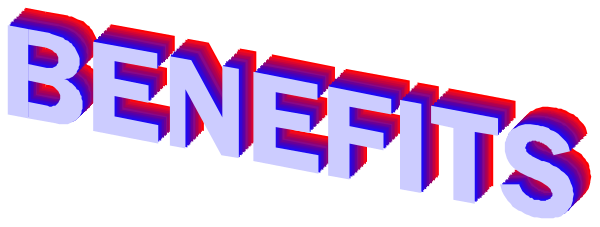 The text "BENEFITS" on a background that appears to be an abstract design with geometric shapes.