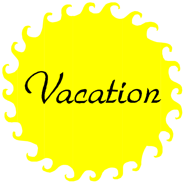 The image shows a black background with text that reads "VACATION" inside an oval border featuring decorative edges in yellow and white hues.