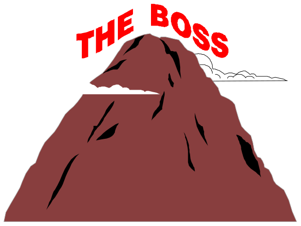 The image shows a cartoon of two mountains with text that reads "THE BOSS" between them on top of each mountain peak.
