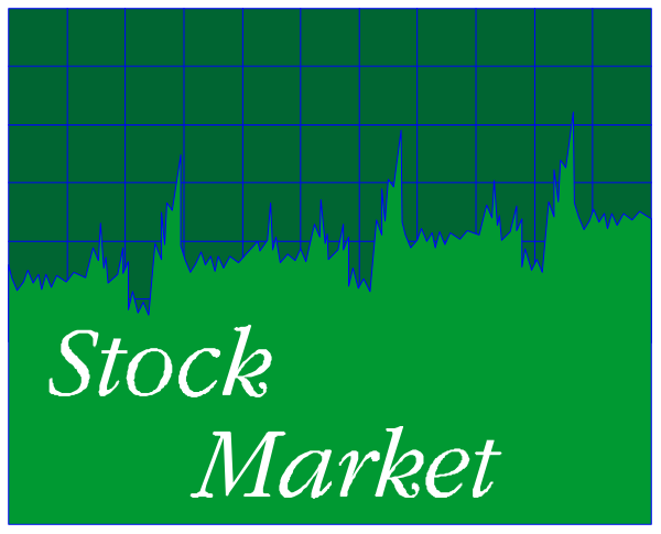 The image shows a graph with two lines representing stock market data against time on an x axis, labeled "Stock Market," set in what appears to be a dark room illuminated by green light from below.