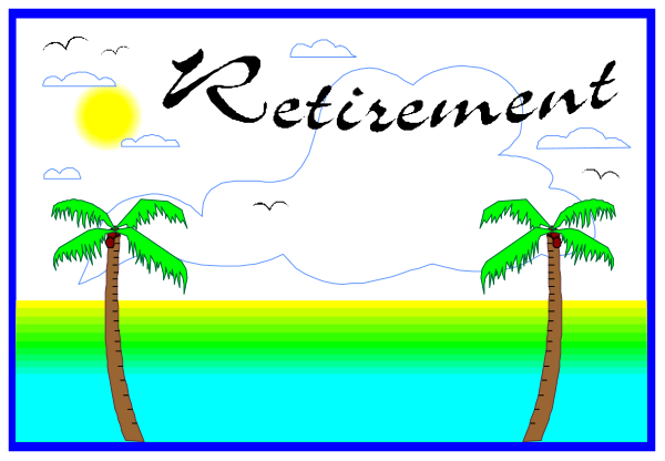 The image shows a cartoon of two palm trees with text that reads "Retirement" between them on what appears to be an island background under a blue sky.