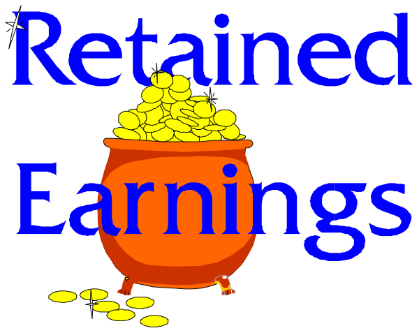 The image shows a cartoon of an orange bucket filled with gold coins labeled "Earnings," placed next to text that reads "Retained Earnings."