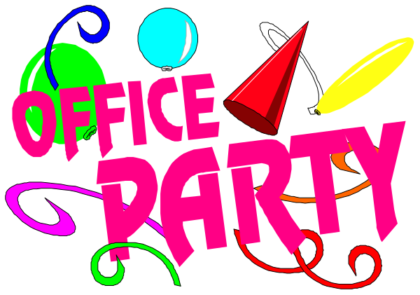 The image shows a colorful graphic with text that reads "OFFICE PARTY" at the top center of an office party invitation banner featuring various playful elements such as balloons in different shapes and sizes, confetti, stars, planets, and other decorative items typically associated with festive celebrations.