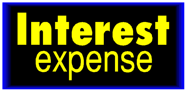 The image shows a blue sign with white text that reads "Interest expense."