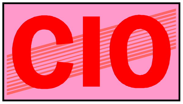 The image shows a pink rectangle with white text that reads "CIO" inside it on top of another red rectangular background.