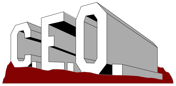 The image shows a logo with text that reads "CEO" on top of an illustration resembling a building block structure in white against a black background at the bottom right corner.