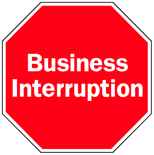 The image features a red stop sign with white text that reads "BUSINESS INTERUPTION" on it.