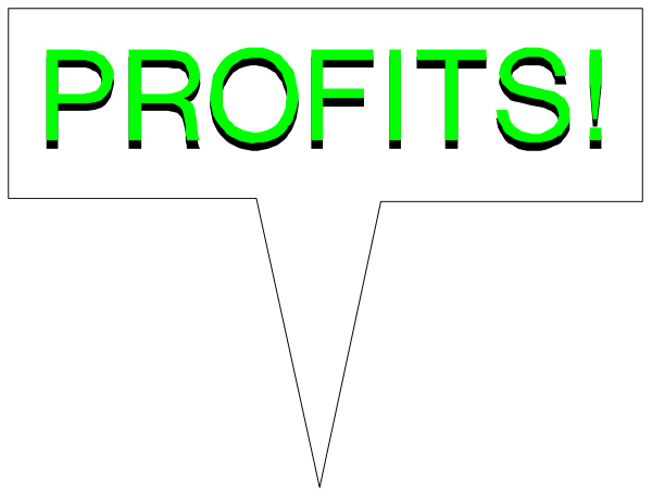 The image shows a black and white graphic with text that reads "PROFITS" at the bottom of what appears to be an abstract design resembling a bar graph on top of which is overlaid in green, 'profits'.