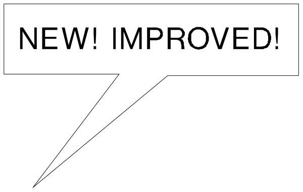 The image shows a black and white comic strip with text that reads "NEW! IMPROVED" at the top right corner of an open book cover.