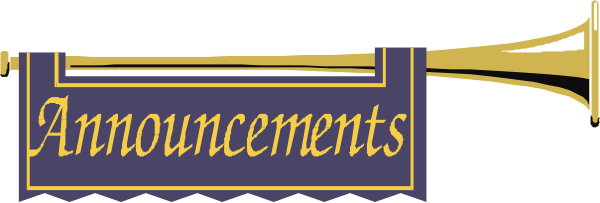 The image shows a logo with text that reads "ANNOUNCEMENTS" on top of an illustration resembling two trumpets crossed over each other in front of what appears to be a microphone, all set against a plain background.