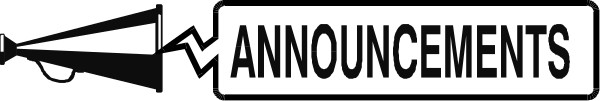 The image shows a black arrow pointing to an announcement on a white background with text that reads "ANNOUNCEMENTS 1". There is no other content in this small clip-art image. It's simple and minimalistic, focusing solely on conveying information about announcements being made or planned for the future. The setting appears to be virtual as there are no physical objects present; it seems more like a digital interface than an actual location with people or animals involved.