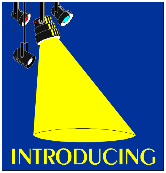 The image shows a yellow spotlight with an introduction sign above it on what appears to be a stage set against a blue background.