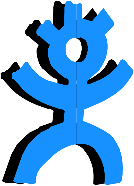 The image shows a blue silhouette of an emoji with arms outstretched against a white background.