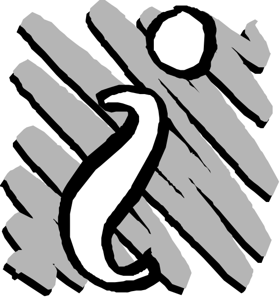 The image shows a black and white illustration of two stylized characters: on top is an abstract design resembling a person with lines for hair; below it appears to be another character that looks like a snake, possibly in motion due to its curved form.