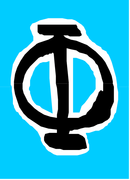 The image shows a blue background with two black stripes on either side of an icon that resembles a stylized letter "Q" in white within it.