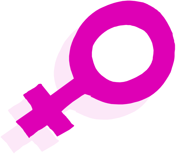 The image shows a pink female symbol with an exclamation mark inside it next to another smaller red male symbol on what appears to be a black background.