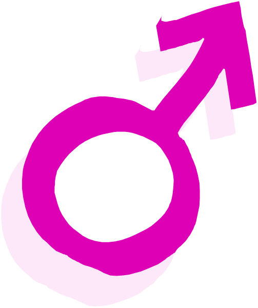 The image shows a pink gender symbol with an exclamation mark inside it next to another smaller red circle that has two lines crossing through each other in front of them.
