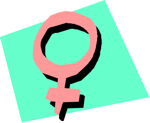 The image shows a pink female symbol with an exclamation mark inside it on top of what appears to be a green cardboard box in front of two black rectangles that resemble computer monitors displaying distorted images, one showing text and another not clearly visible due to its reflection effect; the setting is indistinct.
