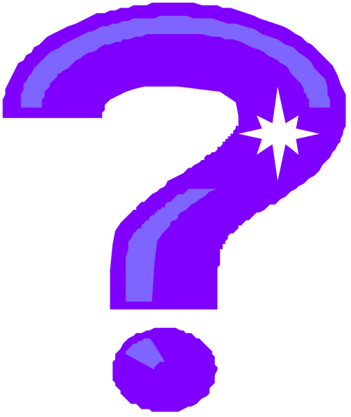 The image shows a purple question mark with sparkles around it against a black background.