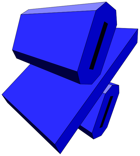 The image shows a blue three-dimensional object that resembles an abstract representation of two intersecting lines forming a shape with four corners in space against a black background.