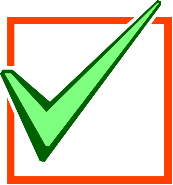 The image shows a checkmark inside of an orange square with red borders against a white background on top left corner; below it is another green rectangle containing two squares: one filled in black to represent "checked" and other empty, suggesting that something has been checked off or completed.