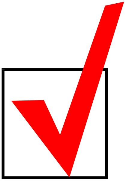 The image shows a red checkmark on top of an "X" symbol against a black background with white stripes at either end.