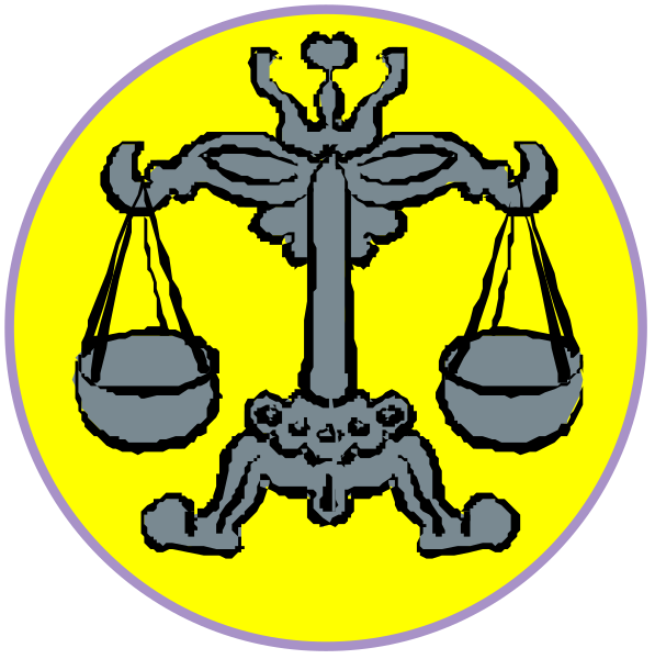 The images show a black and white illustration of two scales with an emblem on top that resembles a shield featuring what appears to be wings and possibly other decorative elements; one scale is balanced while the other has been tipped, indicating imbalance or unfairness.