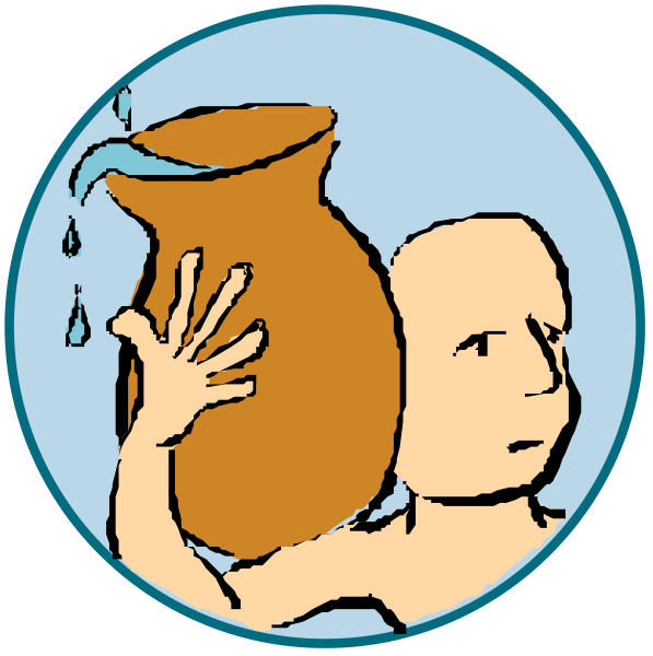 The images show a cartoon of an individual pouring water from a pitcher into another container labeled "water."