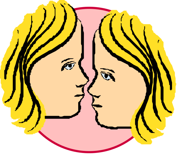 The image shows a cartoon of three faces with blonde hair on either side mirroring each other against a pink background; there is no text present in this clip-art illustration.