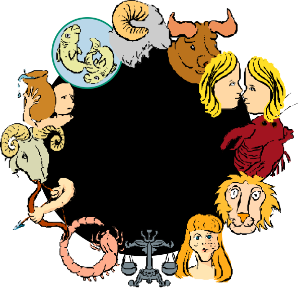 The image shows a black circle with various cartoon characters inside it: at top left is an octopus; to its right sits a woman's face in profile view; below her head appears another character, possibly male due to facial features and hairstyle; next to him are two more faces of different genders facing each other; above the central figures floats a small planet with various creatures on it including fish, birds, snakes, insects, and mammals like cows and sheep. The characters seem to be in an abstract space or realm without any discernible background