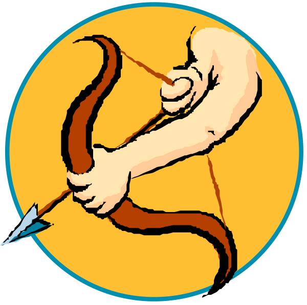 The image shows a stylized depiction of an archer's bow with arrows being drawn back by two hands on either side; there is no text present in this clip-art illustration.