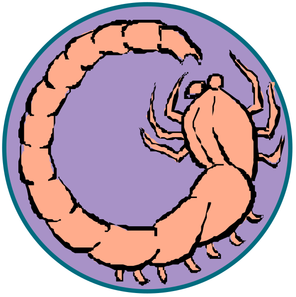 The image shows a cartoon depiction of two circular signs with an illustration inside each sign featuring a scorpion in its shell-like shape within one circle and just the tail end outside another circle.