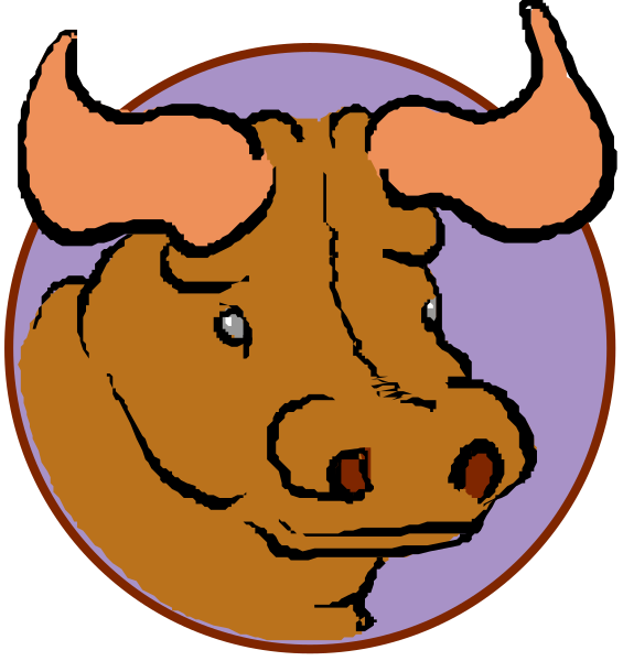 The image shows two cartoon bulls with horns against a purple background; on the left is an upright standing pose of one bull facing forward while looking to its right side, and on the right is another bull in profile view also facing towards the same direction as if it's following or watching something.